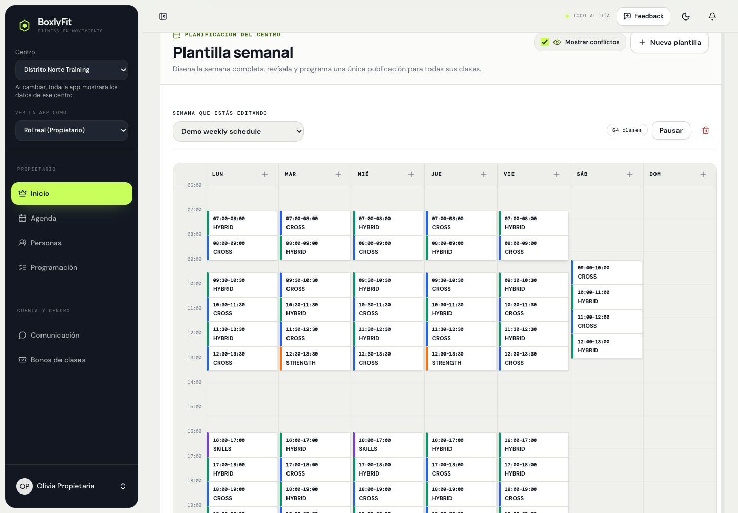 Captura actual de la agenda semanal de BoxlyFit