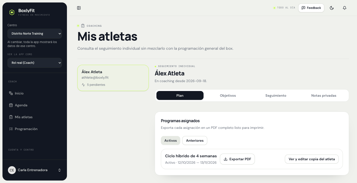 Captura actual de la programación individual de BoxlyFit