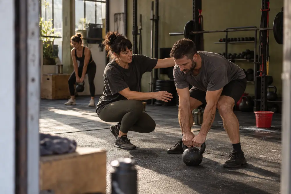 Una coach acompaña un entrenamiento de fuerza